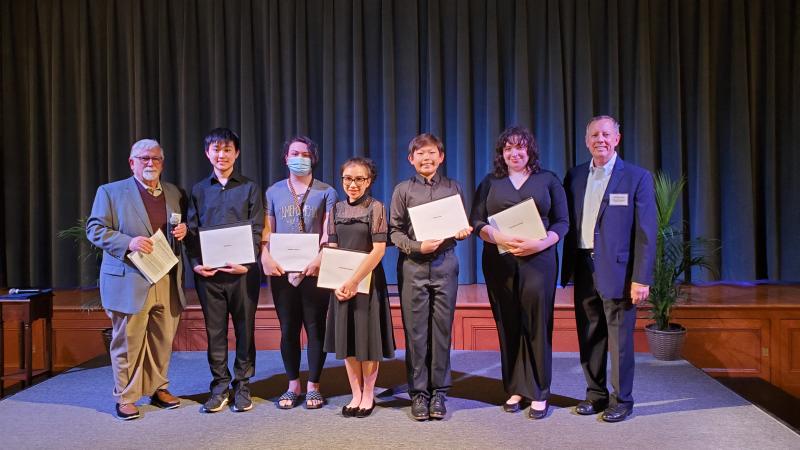 Coastal Concerts scholarship presentation attendees shown are (l-r) Lee April, scholarship committee chair; recipients Daniel Qi, Avalon Lessett, Valentina Ramos, Ethan Xie and Charlotte del Rossi; and Richard Scalenghe, board president. SUBMITTED PHOTO